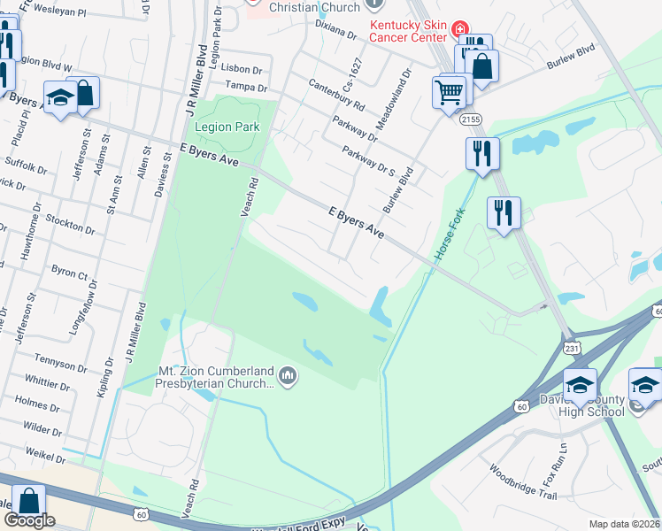 map of restaurants, bars, coffee shops, grocery stores, and more near 9 Quail Ridge Court in Owensboro