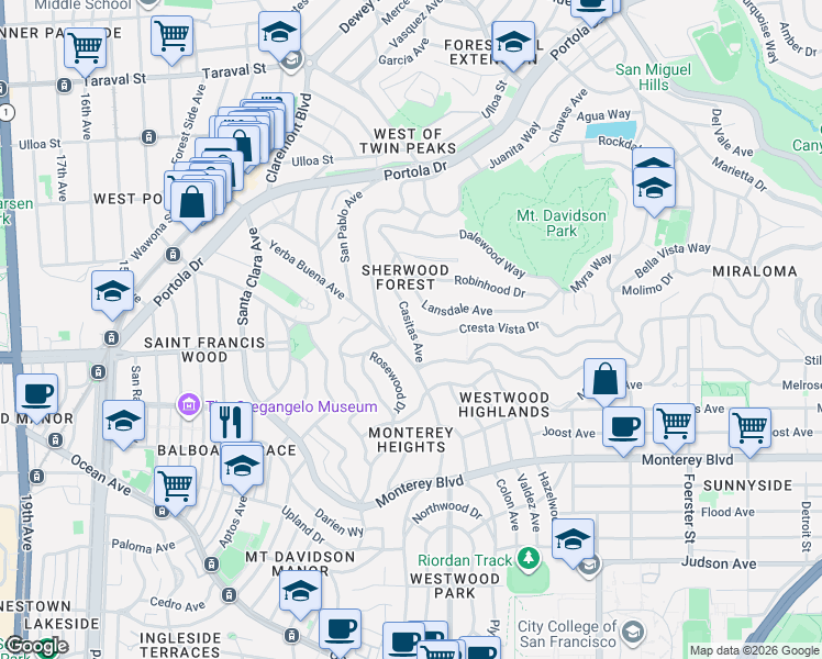 map of restaurants, bars, coffee shops, grocery stores, and more near Cresta Vista Dr & Casitas Ave in San Francisco