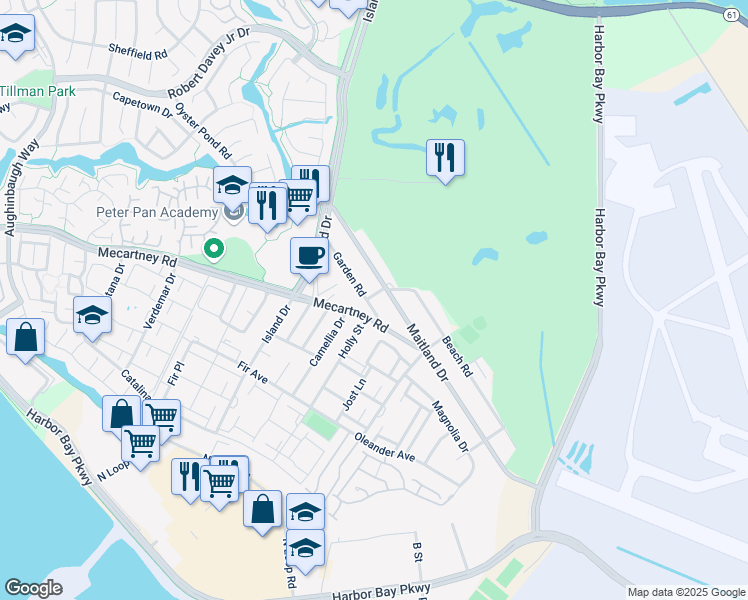 map of restaurants, bars, coffee shops, grocery stores, and more near 806 Flower Lane in Alameda