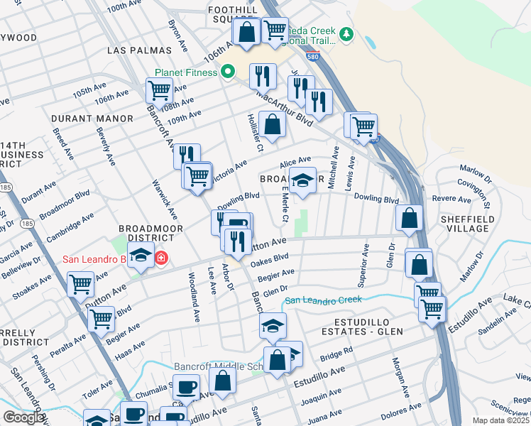 map of restaurants, bars, coffee shops, grocery stores, and more near 529 West Merle Court in San Leandro