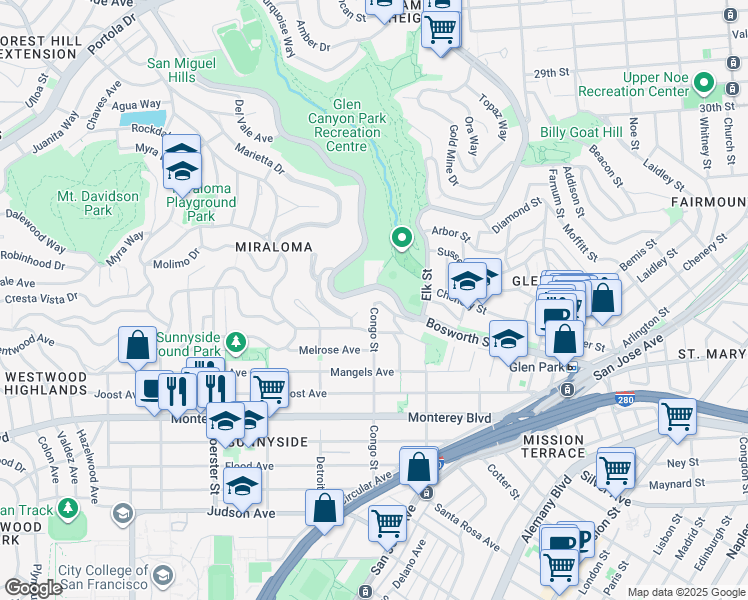 map of restaurants, bars, coffee shops, grocery stores, and more near 701 Congo Street in San Francisco