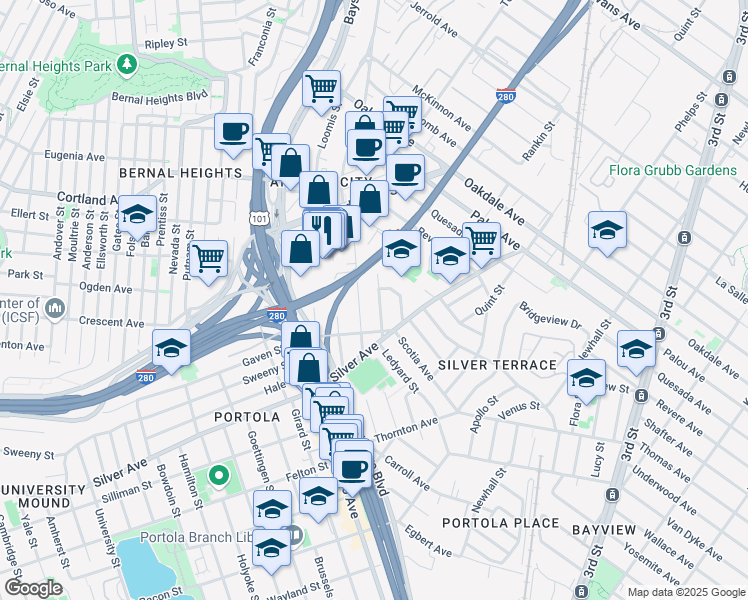 map of restaurants, bars, coffee shops, grocery stores, and more near 38 Waterville Street in San Francisco