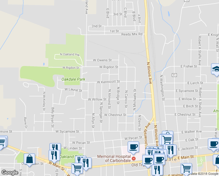 map of restaurants, bars, coffee shops, grocery stores, and more near 808 North Almond Street in Carbondale