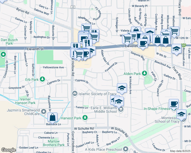 map of restaurants, bars, coffee shops, grocery stores, and more near 1815 Foxtail Way in Tracy