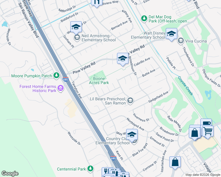 map of restaurants, bars, coffee shops, grocery stores, and more near 106 Mills Place in San Ramon