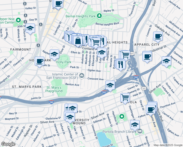 map of restaurants, bars, coffee shops, grocery stores, and more near 632 Ellsworth Street in San Francisco