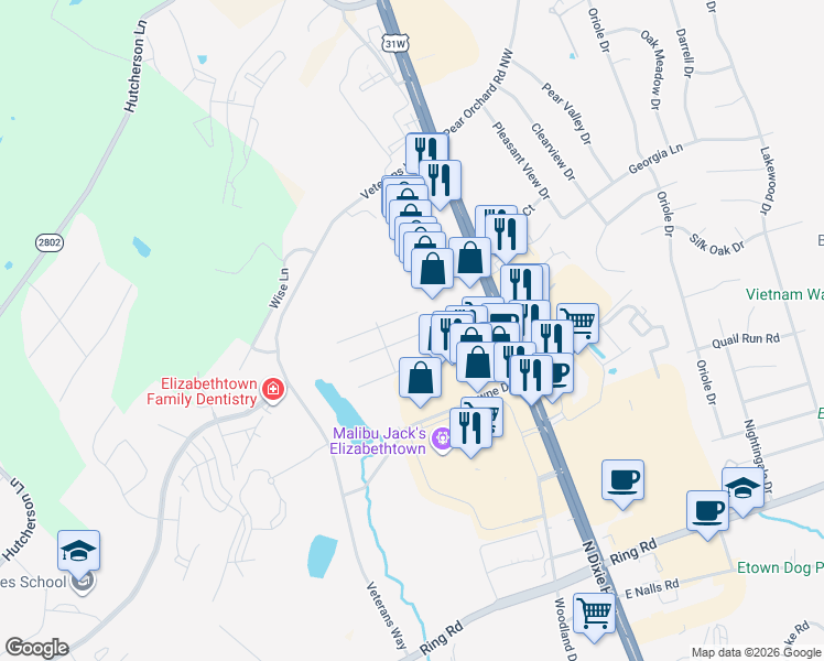map of restaurants, bars, coffee shops, grocery stores, and more near 212 Routt Drive in Elizabethtown