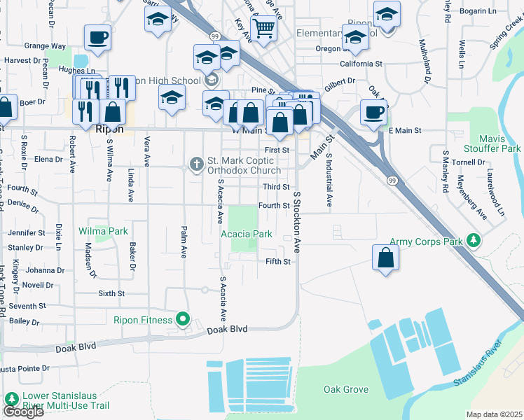 map of restaurants, bars, coffee shops, grocery stores, and more near 238 Fourth Street in Ripon