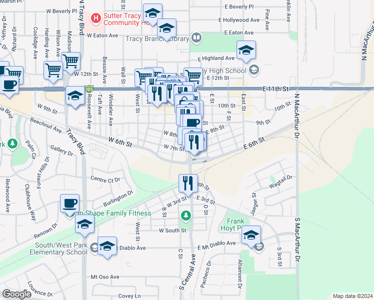map of restaurants, bars, coffee shops, grocery stores, and more near 32 7th Street in Tracy