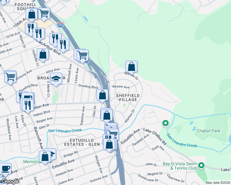 map of restaurants, bars, coffee shops, grocery stores, and more near Marlow Dr & Roxbury Ave in Oakland