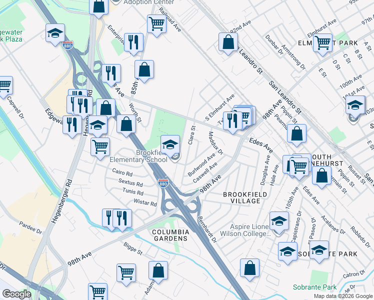 map of restaurants, bars, coffee shops, grocery stores, and more near 449 Clara Street in Oakland