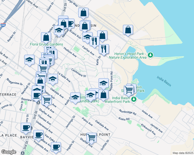 map of restaurants, bars, coffee shops, grocery stores, and more near 12 Cashmere Street in San Francisco