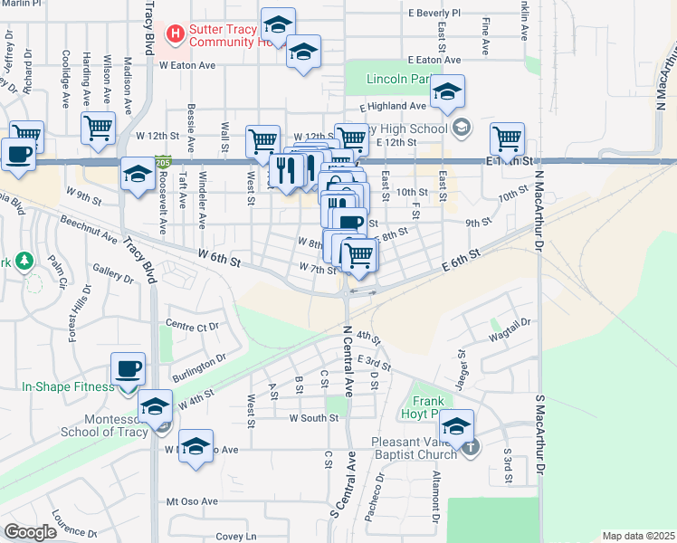 map of restaurants, bars, coffee shops, grocery stores, and more near 32 West 7th Street in Tracy