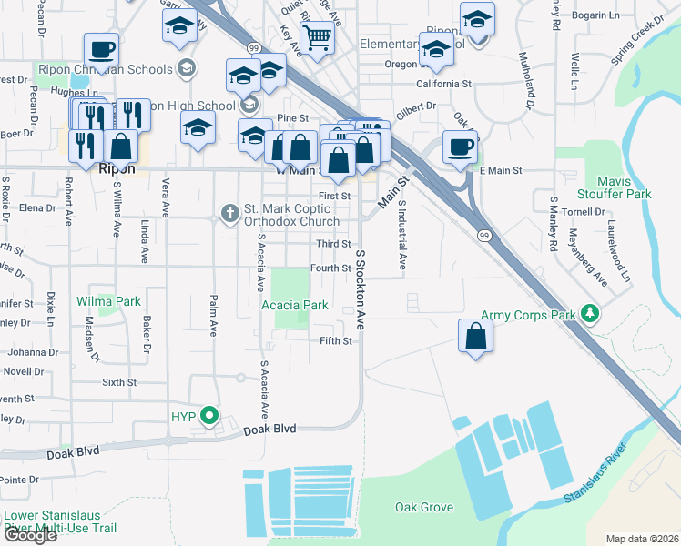 map of restaurants, bars, coffee shops, grocery stores, and more near 510 South Walnut Avenue in Ripon