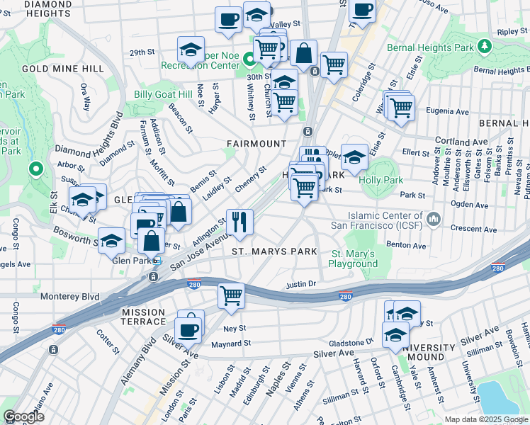 map of restaurants, bars, coffee shops, grocery stores, and more near 115 College Avenue in San Francisco