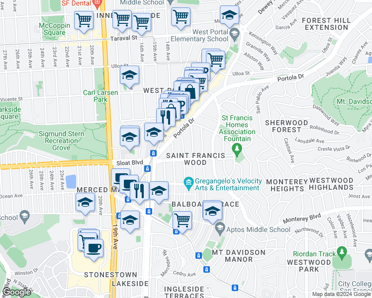 map of restaurants, bars, coffee shops, grocery stores, and more near 67 San Leandro Way in San Francisco