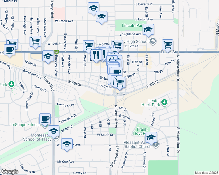 map of restaurants, bars, coffee shops, grocery stores, and more near 25 West 7th Street in Tracy