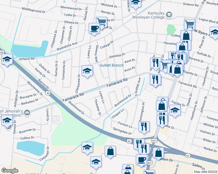 map of restaurants, bars, coffee shops, grocery stores, and more near 1612 Tamarack Road in Owensboro