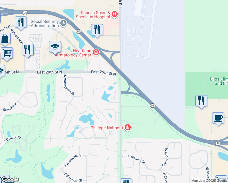 map of restaurants, bars, coffee shops, grocery stores, and more near 2831 North Plumthicket Circle in Wichita