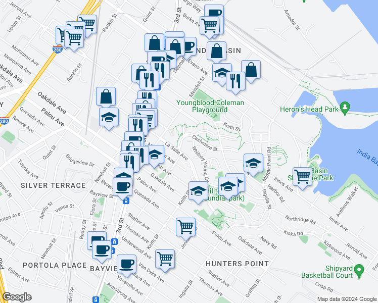 map of restaurants, bars, coffee shops, grocery stores, and more near 4 Richards Circle in San Francisco