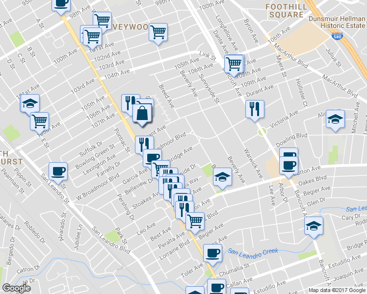 map of restaurants, bars, coffee shops, grocery stores, and more near 220 Cambridge Avenue in San Leandro