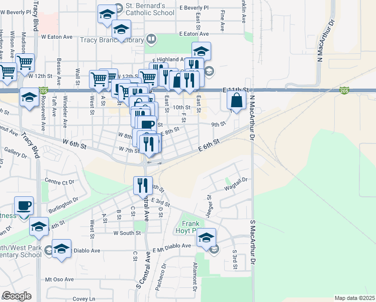 map of restaurants, bars, coffee shops, grocery stores, and more near 131 East 6th Street in Tracy