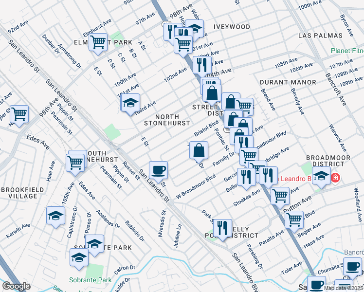 map of restaurants, bars, coffee shops, grocery stores, and more near 319 Bristol Boulevard in San Leandro