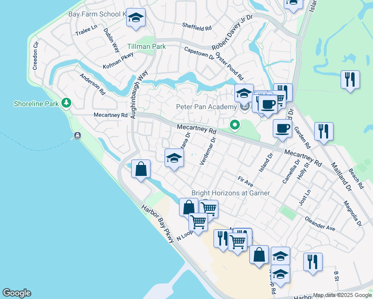 map of restaurants, bars, coffee shops, grocery stores, and more near 1044 Fontana Drive in Alameda