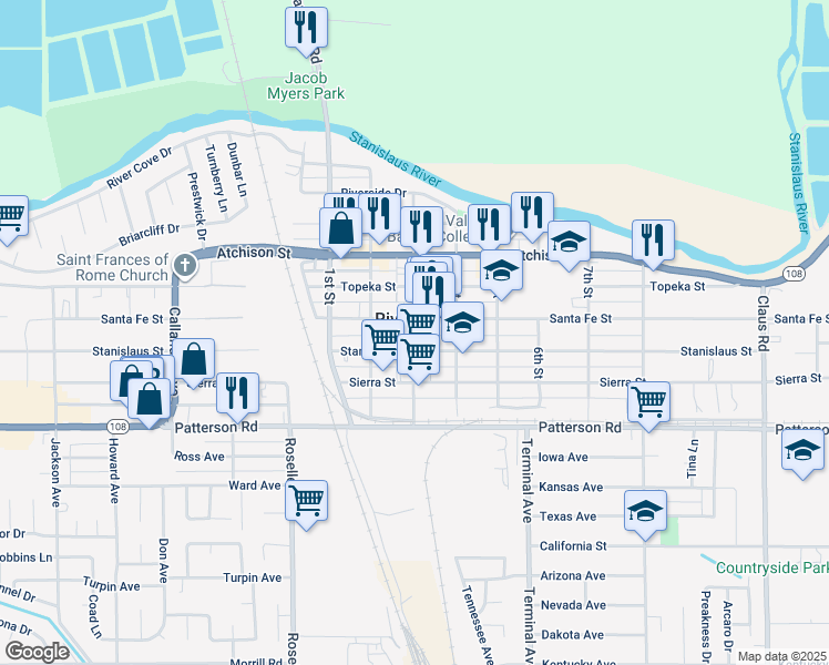 map of restaurants, bars, coffee shops, grocery stores, and more near in Riverbank