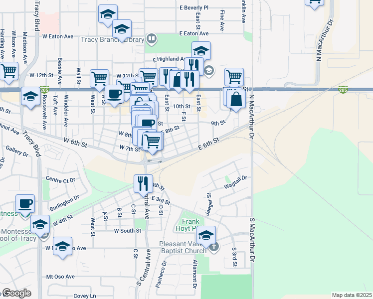 map of restaurants, bars, coffee shops, grocery stores, and more near 131 East 6th Street in Tracy