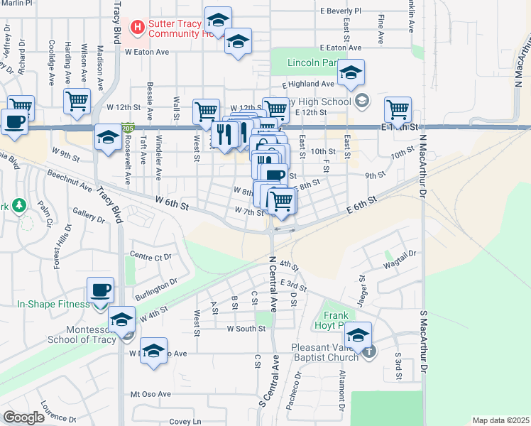 map of restaurants, bars, coffee shops, grocery stores, and more near 32 West 7th Street in Tracy