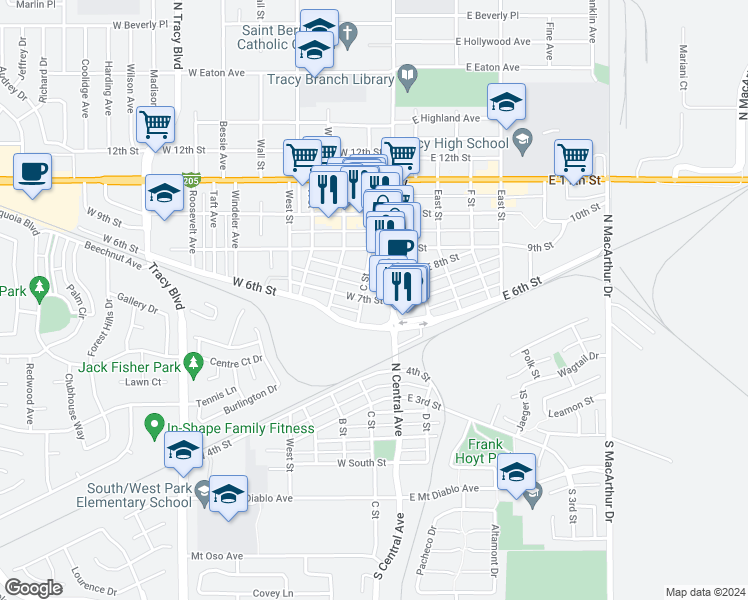 map of restaurants, bars, coffee shops, grocery stores, and more near 32 West 7th Street in Tracy