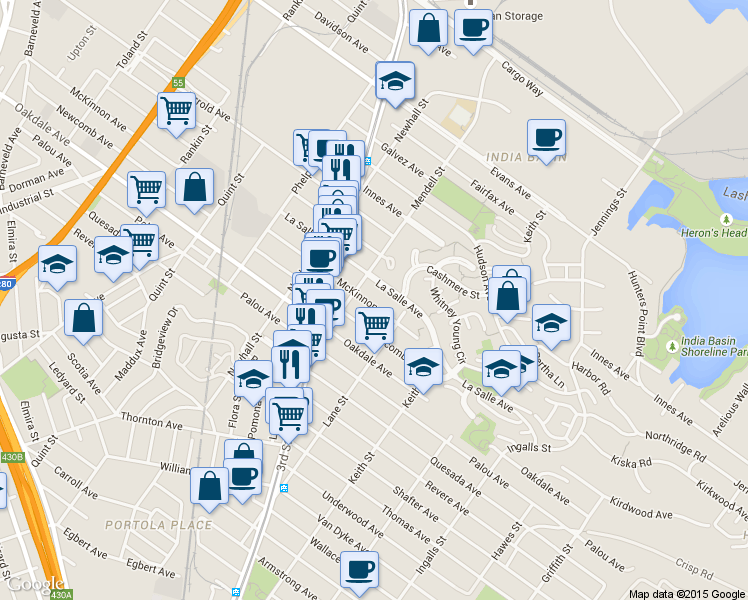 map of restaurants, bars, coffee shops, grocery stores, and more near 1538 McKinnon Avenue in San Francisco