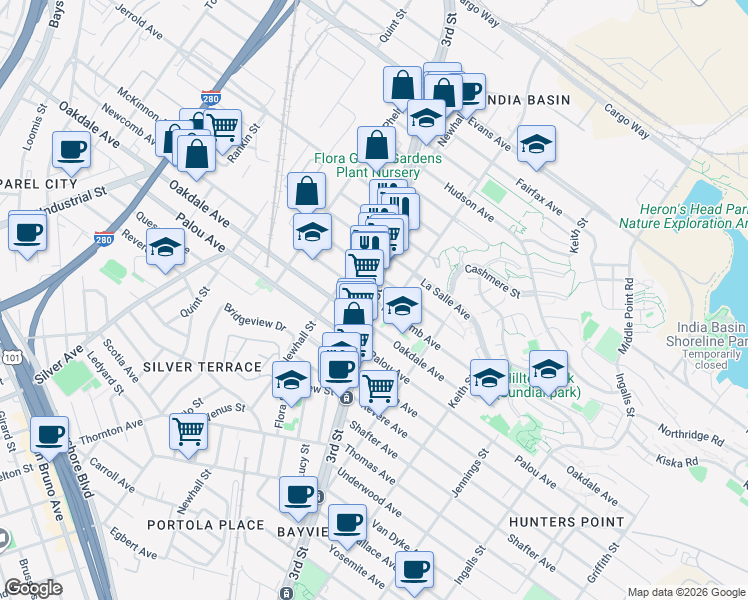 map of restaurants, bars, coffee shops, grocery stores, and more near 1633 Newcomb Avenue in San Francisco