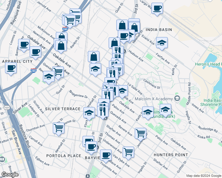 map of restaurants, bars, coffee shops, grocery stores, and more near 1633 Newcomb Avenue in San Francisco