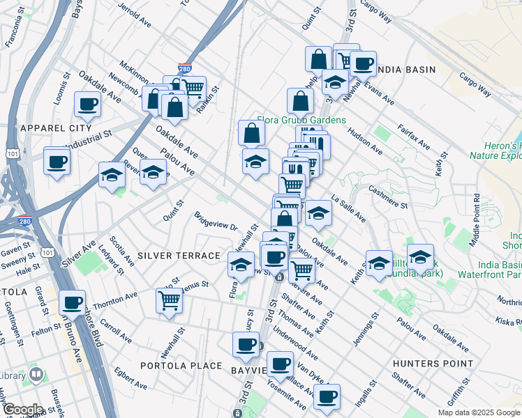 map of restaurants, bars, coffee shops, grocery stores, and more near 1711 Oakdale Avenue in San Francisco