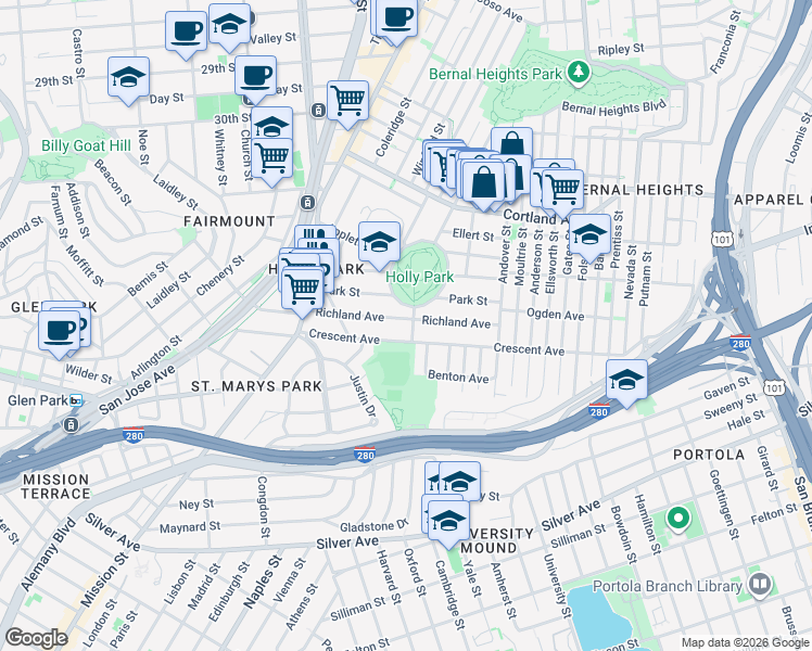 map of restaurants, bars, coffee shops, grocery stores, and more near 268 Richland Avenue in San Francisco