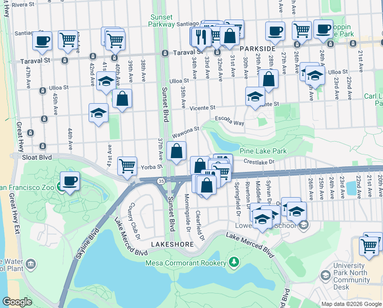 map of restaurants, bars, coffee shops, grocery stores, and more near 2300 Yorba Street in San Francisco