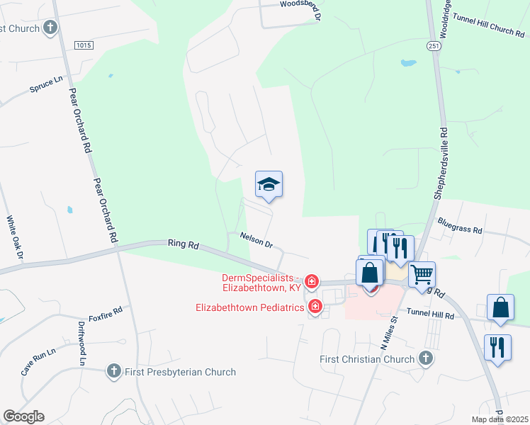 map of restaurants, bars, coffee shops, grocery stores, and more near 2300 Nelson Drive in Elizabethtown