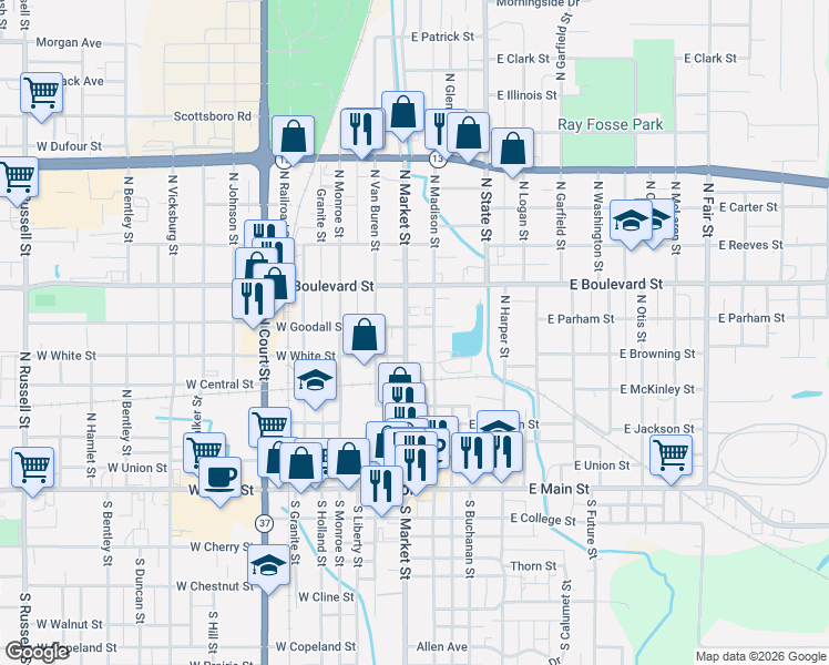 map of restaurants, bars, coffee shops, grocery stores, and more near 732-798 N Market St in Marion