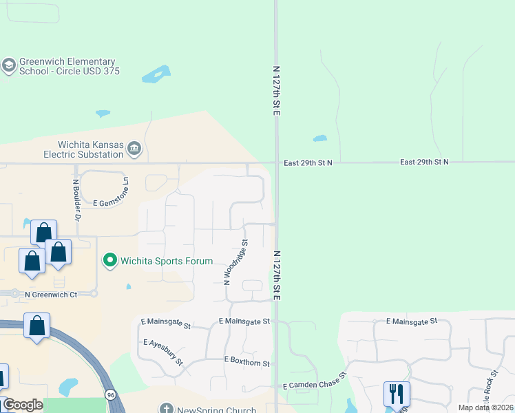 map of restaurants, bars, coffee shops, grocery stores, and more near 2930 North Woodridge Street in Wichita