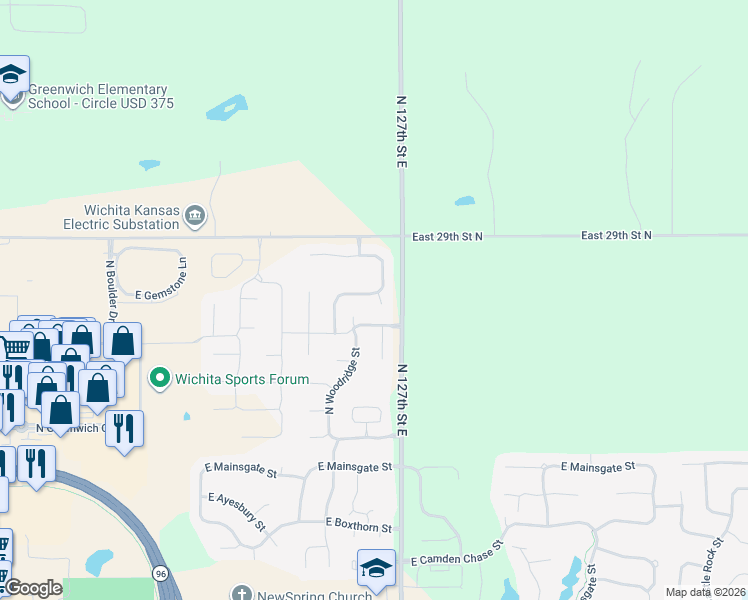 map of restaurants, bars, coffee shops, grocery stores, and more near 2930 North Woodridge Street in Wichita