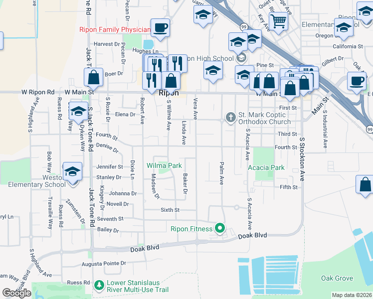 map of restaurants, bars, coffee shops, grocery stores, and more near 930 Fourth Street in Ripon