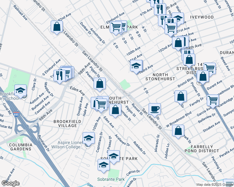 map of restaurants, bars, coffee shops, grocery stores, and more near 10418 Pippin Street in Oakland