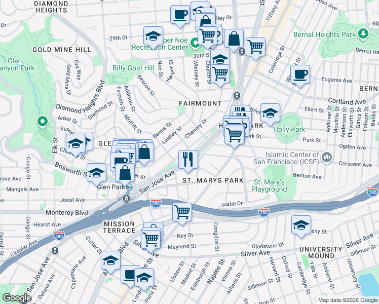 map of restaurants, bars, coffee shops, grocery stores, and more near 415 Arlington Street in San Francisco