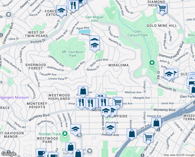 map of restaurants, bars, coffee shops, grocery stores, and more near 265 Los Palmos Drive in San Francisco