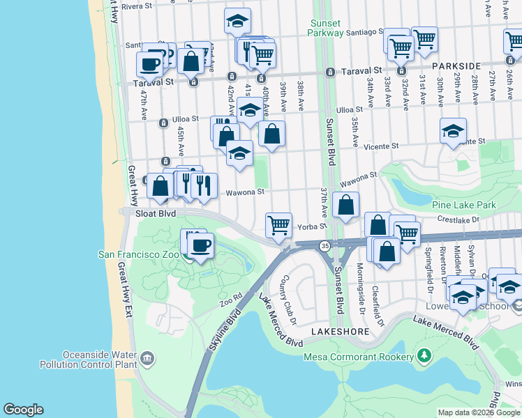 map of restaurants, bars, coffee shops, grocery stores, and more near 2747 41st Avenue in San Francisco