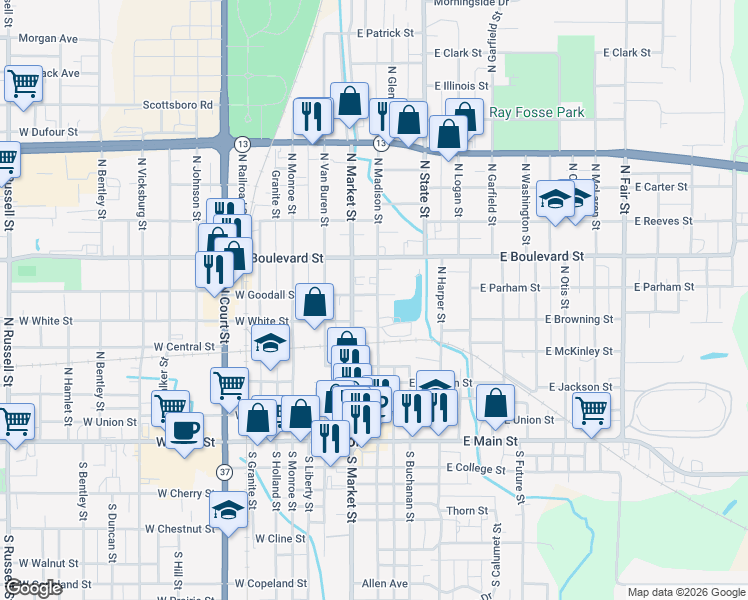 map of restaurants, bars, coffee shops, grocery stores, and more near 649-699 North Madison Street in Marion