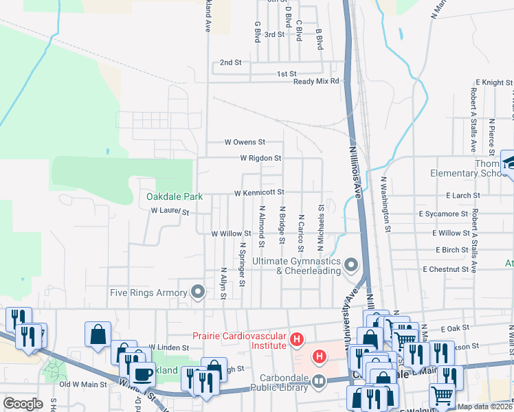 map of restaurants, bars, coffee shops, grocery stores, and more near 930 North Almond Street in Carbondale