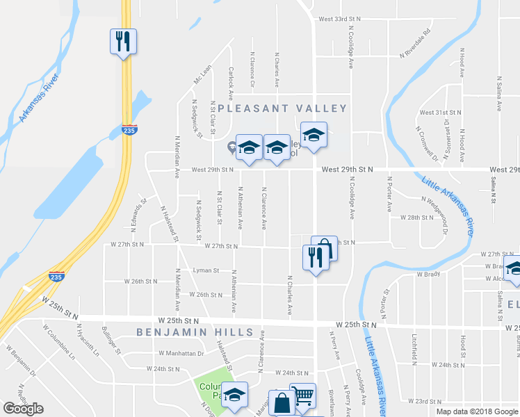 map of restaurants, bars, coffee shops, grocery stores, and more near 2901 North Clarence Avenue in Wichita